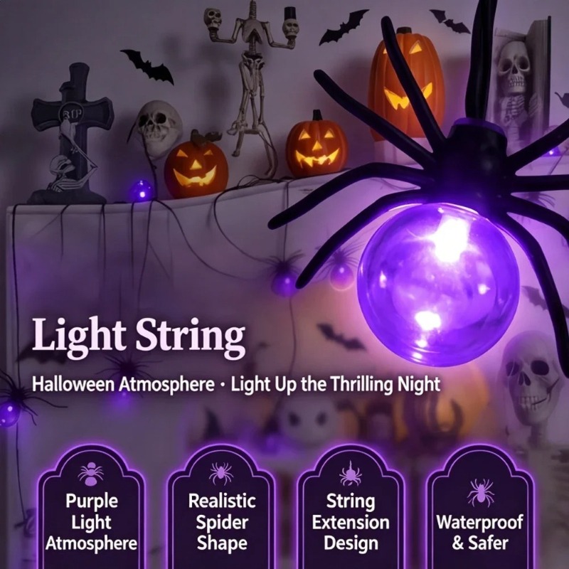 Ac Outdoor Power - Batteriebetriebene Spinnen-LED-Lichterkette, Halloween-Außendekoration für Garten und